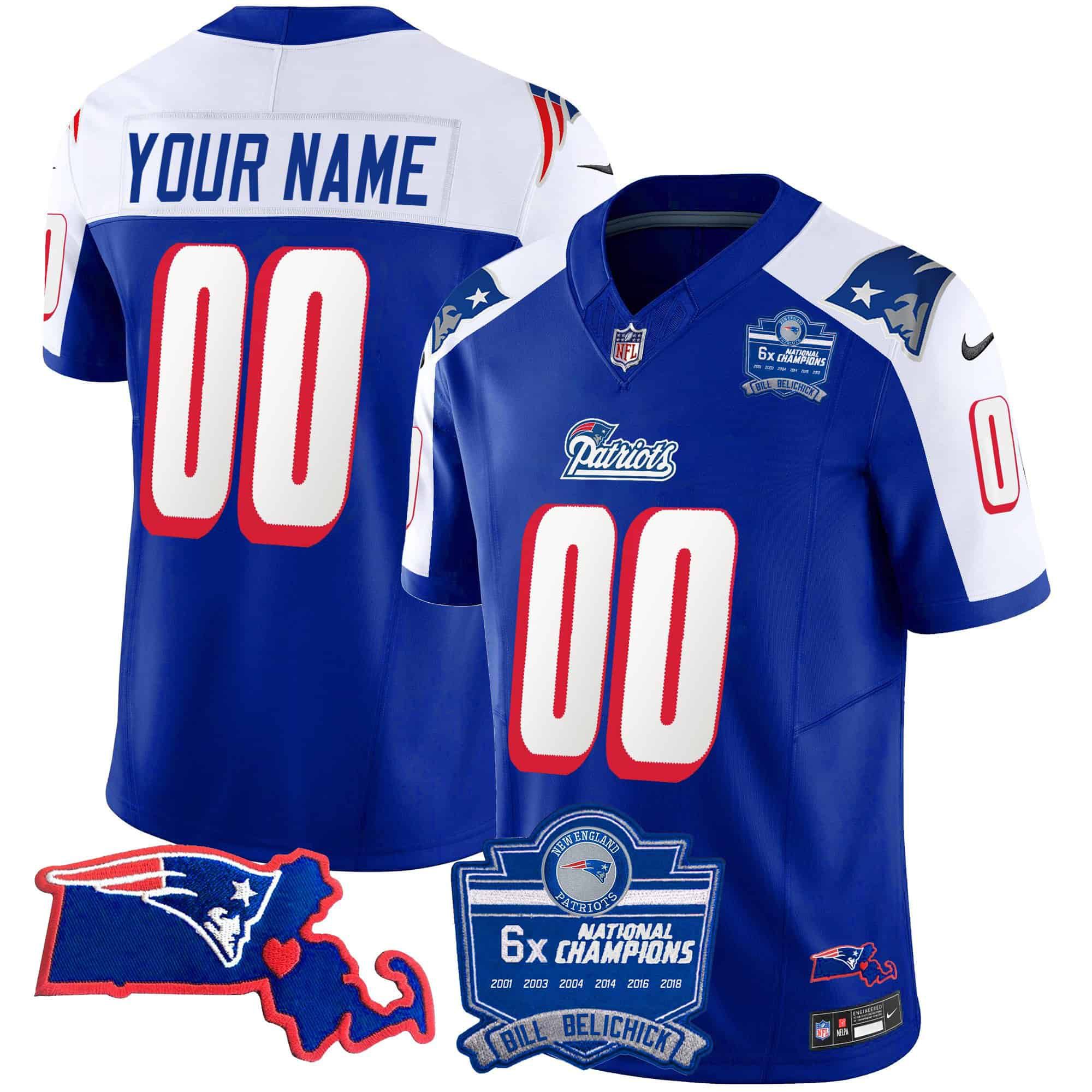 Men New England Patriots Blue 2024 Nike 6x Champions Patch Vapor Custom NFL Jersey
